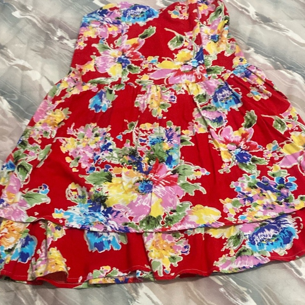 Red Floral Strapless sweetheart Dress size 10 but ptp 14 Layered bottom Length28